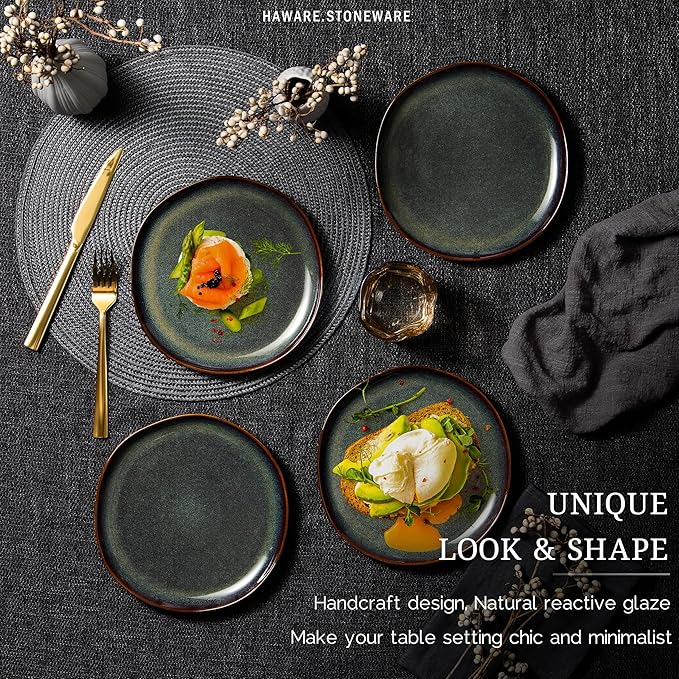 HaWare Stoneware Salad Plates Set of 6, 7.9” Heavy Duty Ceramic Plates, Reactive Glaze Dinnerware for Home Restaurant, Chip and Scratch Resistant, Microwave and Dishwasher Safe, Reactive Moss Green