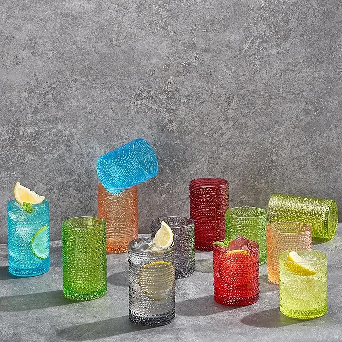 Hobnail Beaded Highball Drinking Tumbler Glasses | Set of 12 | Color, Vintage Bubble Design Whiskey Glassware, Old-Fashioned, Embossed Design for Water, Wine, Cocktail Embossed Heavy Glas, Rocks Glass