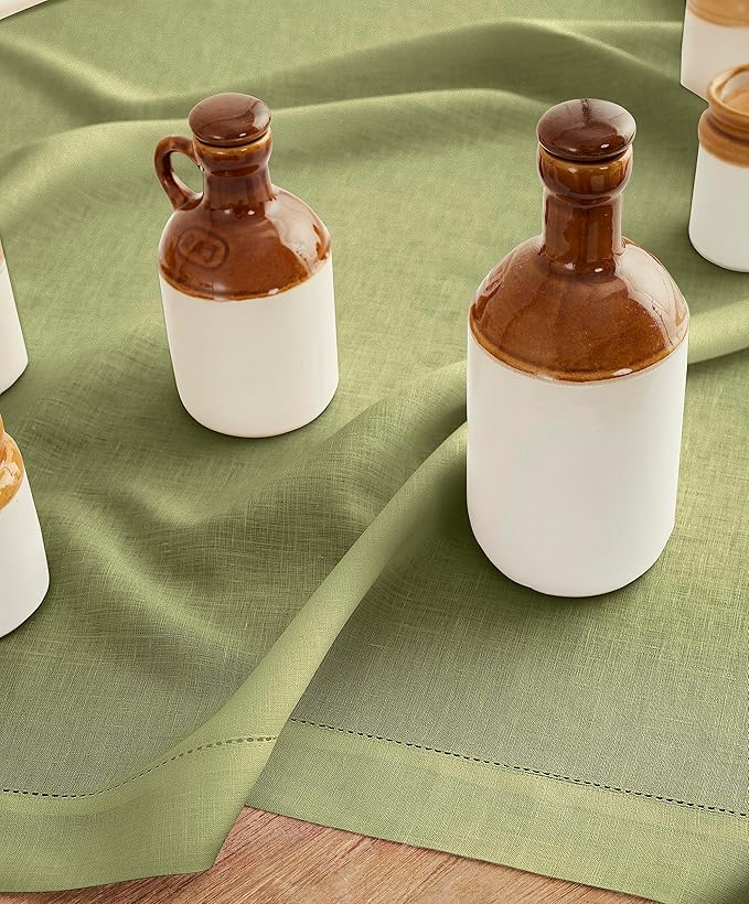 Solino Home Square Linen Tablecloth 52 x 52 Inch - 100% Pure Linen Moss Green Table Throw - Classic Hemstitch, Machine Washable Table Cloth for Summer, Fall, Autumn
