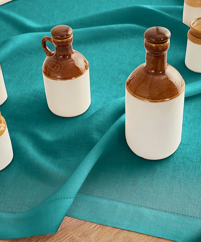 Solino Home Linen Square Tablecloth 52 x 52 Inch - 100% Pure Linen Teal Table Throw - Classic Hemstitch, Machine Washable Table Cloth for Summer, Fall, Autumn