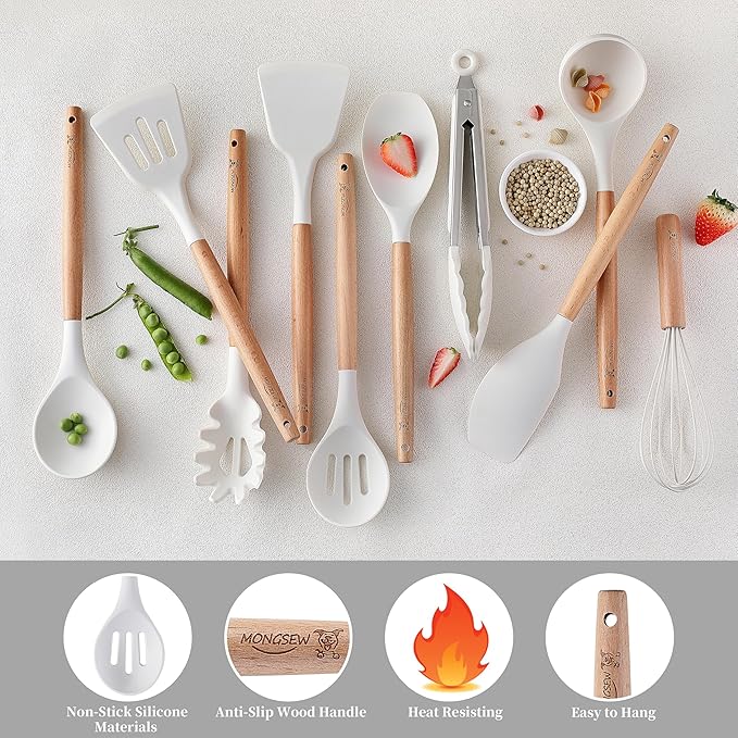 Silicone Cooking Utensils Set, MONGSEW Heat Resistant Kitchen Utensils for Cooking with Wooden Handle, Spatula Turner Spoon Tongs Whisk (WHITE, Smile Dog Pattern)