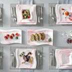 MALACASA Plates and Bowls Sets, 26 Pieces Pink Dinnerware Sets for 6, Porcelain Dinnerware Set with Dinner Plates and Bowls, Serving Platters, Square Dishware Sets, Modern Dish Set, Series Flora