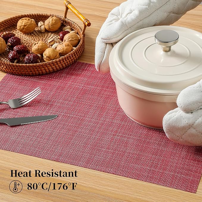 Leetaltree Red Placemats Set of 4 - Heat Resistant Non-Slip Place mats for Dining Table, Washable Durable PVC Vinyl Woven Table Mats（Red, 4）