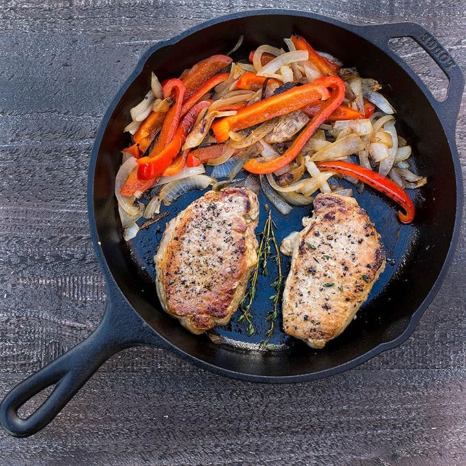 Lodge 12 Inch Cast Iron Pre-Seasoned Skillet – Signature Teardrop Handle - Use in the Oven, on the Stove, on the Grill, or Over a Campfire - Black