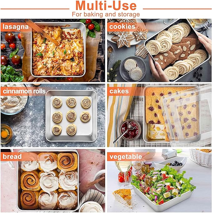 Herogo Baking Pan with Lid, 9''x 9'' Stainless Steel Nonstick Square Deep Cake Pan, Rectangle Cakes Bakeware for Brownies Casseroles, Non Toxic & Dishwasher Safe, Set of 4