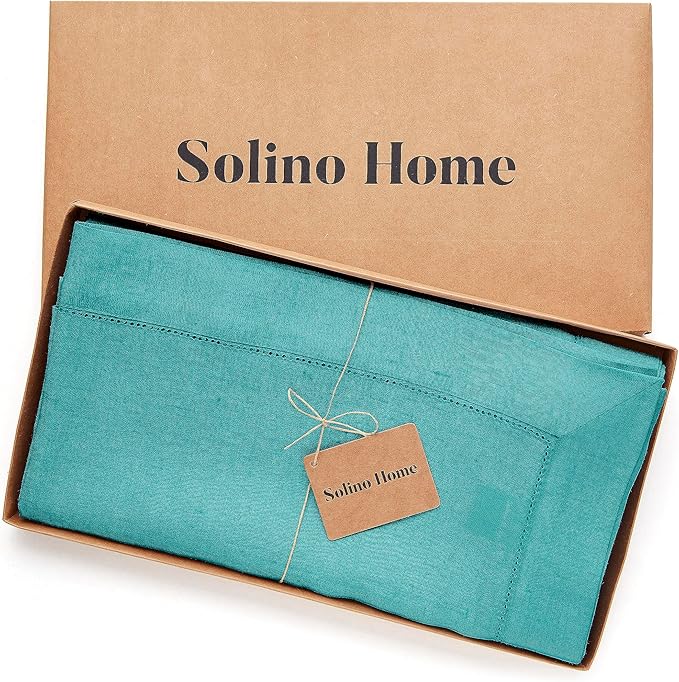 Solino Home Linen Tablecloth 60 x 90 Inch - Classic Hemstitch 100% Pure Linen Teal Table Cloth for Rectangle Tables - Machine Washable Tablecloth for Summer, Fall, Autumn