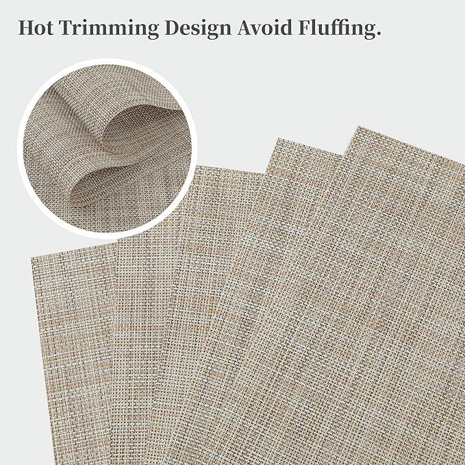 Leetaltree Linen Yellow Placemats Set of 6 - Heat Resistant Non-Slip Place mats for Dining Table, Washable Durable PVC Vinyl Woven Table Mats（Linen Yellow, 6）