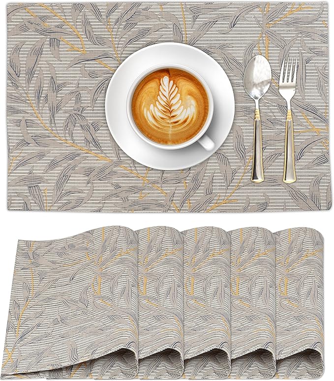 Ruvanti Placemats 100% Cotton 13x19 Inch, Dining Table Placemats Set of 6, Modern Place Mats for Dining Table Decor, Kitchen & Table Linens, Coffee Mat for Christmas Dinners - Leafy