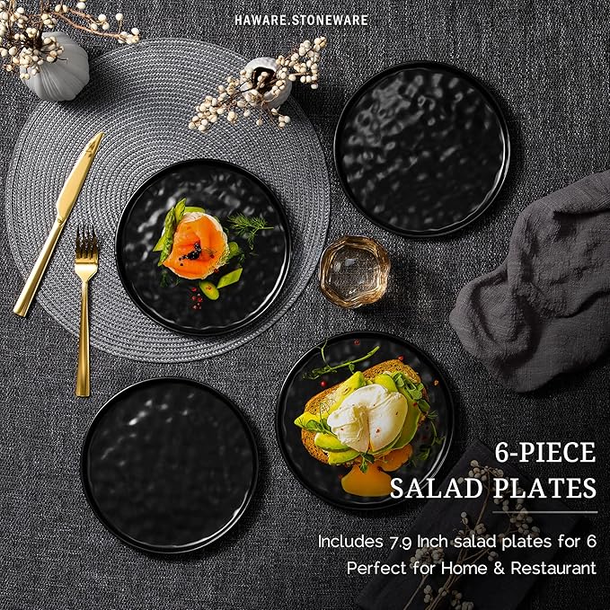 HaWare Stoneware Plates Set of 6, 7.9" Salad Plates, Reactive Glaze Ripple Ceramic Dish Set for Appetizer, Dessert, Scratch Resistant, Small Dinner Plate, Microwave and Dishwasher Safe, Matte Black