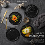 HaWare Stoneware Plates Set of 6, 7.9" Salad Plates, Reactive Glaze Ripple Ceramic Dish Set for Appetizer, Dessert, Scratch Resistant, Small Dinner Plate, Microwave and Dishwasher Safe, Matte Black