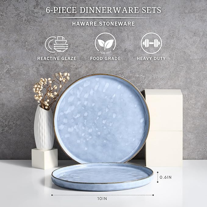 HaWare Stoneware Dinner Plates Set of 6, 10" Heavy Duty Ceramic Plate, Reactive Glaze Ripple Dinnerware for Home Restaurant, Chip and Scratch Resistant, Microwave and Dishwasher Safe, Reactive Blue