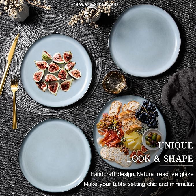 HaWare Stoneware Dinner Plates Set of 6, 10" Heavy Duty Ceramic Plates, Reactive Glaze Dinnerware for Home Restaurant, Chip and Scratch Resistant, Microwave and Dishwasher Safe, Reactive Foggy Blue