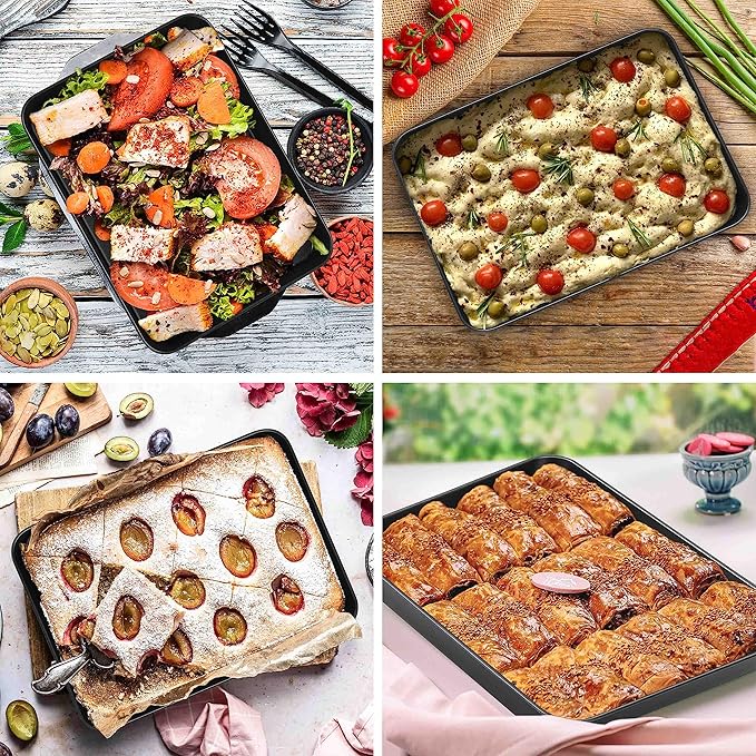 E-far Baking Pan with Lid, 10.5 x 8.3 x 2 Inch Nonstick Rectangle Stainless Steel Cake Pan Sheet for Toaster Oven, Black Bakeware for Cakes Brownies Casseroles, Non-toxic & Healthy, Set of 2