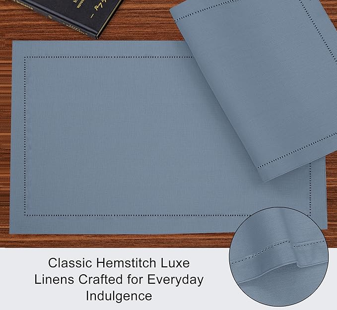 Ruvanti Linen Placemats Set of 6-13x19 Inch, Classic Hemstitch, Heat ‎Resistant Machine Washable Place Mats, Soft & Elegant- Perfect for Christmas, ‎Thanksgiving, Easter, Weddings, Dinner - Grey