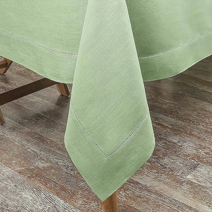 D'Moksha Homes Sage Green Linen Tablecloth for Rectangle Tables 60 x 140 Inch - Classic Hemstitch 100% Pure Linen Green Tablecloth - Machine Washable Cloth Table Cloth for Summer, Fall and Halloween