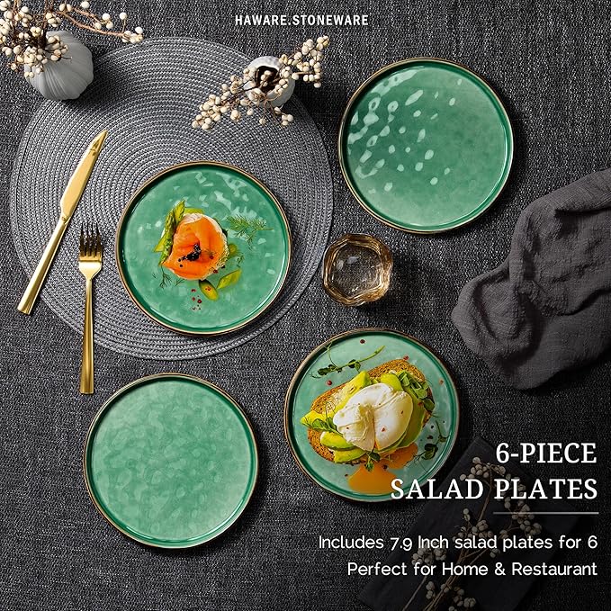 HaWare Stoneware Plates Set of 6, 7.9" Salad Plates, Reactive Glaze Ripple Ceramic Dish Set for Appetizer, Dessert, Scratch Resistant, Small Dinner Plate, Microwave and Dishwasher Safe, Reactive Green