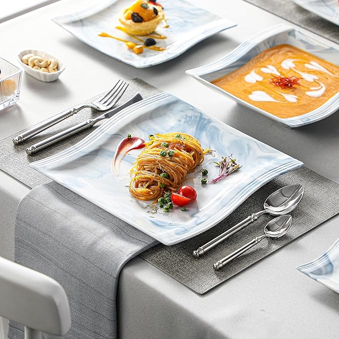 MALACASA Dinnerware Sets for 6, 30 Piece Porcelain Plates and Bowls Sets, Square Dish Set with Dinner Plate and Bowl, Cup and Saucer, Blue Dishes Dinnerware Set, Modern Dishware Sets, Series Flora