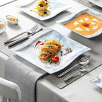 MALACASA Dinnerware Sets for 6, 30 Piece Porcelain Plates and Bowls Sets, Square Dish Set with Dinner Plate and Bowl, Cup and Saucer, Blue Dishes Dinnerware Set, Modern Dishware Sets, Series Flora