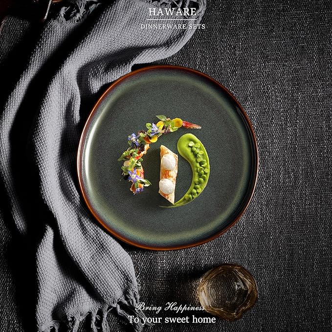 HaWare Stoneware Dinner Plates Set of 6, 10" Heavy Duty Ceramic Plates, Reactive Glaze Dinnerware for Home Restaurant, Chip and Scratch Resistant, Microwave and Dishwasher Safe, Reactive Moss Green