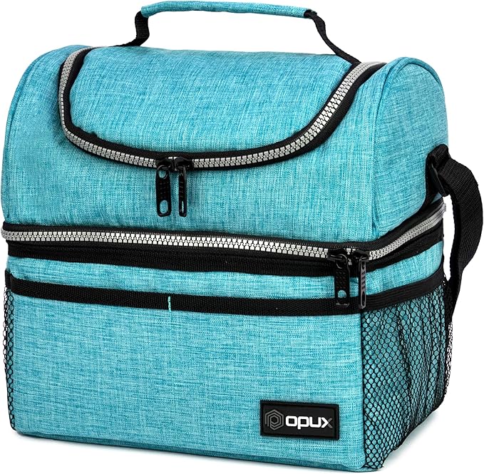 OPUX Lunch Box For Men Women, Insulated Large Lunch Bag Adult Work, Double Decker Lunchbox Meal Prep Dual Compartment Leakproof Lunch Cooler,Soft Lunch Tote Boys Girls Kids School, Aqua Turquoise 12L