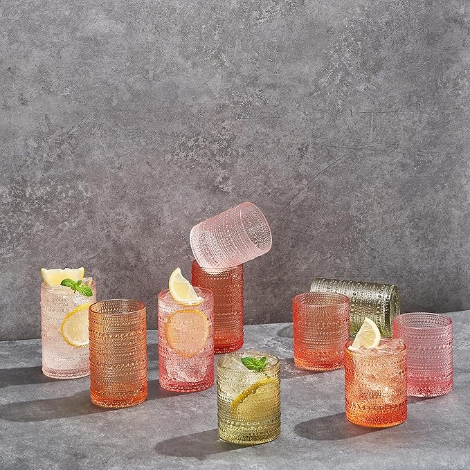 Hobnail Tumbler Drinking Glasses Set | Set of 5 | Vintage Sunset Colored Beaded Hobnails 10 OZ Muted Bubble Whiskey Glassware, Old-Fashioned, Embossed Design Glass Water Wine, Cocktail Glass Set Gift