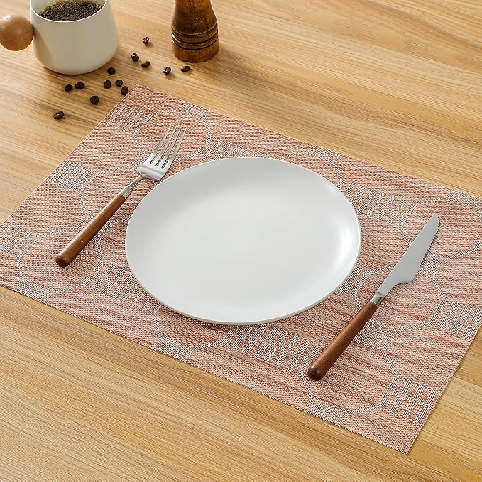 Leetaltree Coral Placemats Set of 8 - Heat Resistant Non-Slip Place mats for Dining Table, Washable Durable PVC Vinyl Woven Table Mats（Coral, 8）