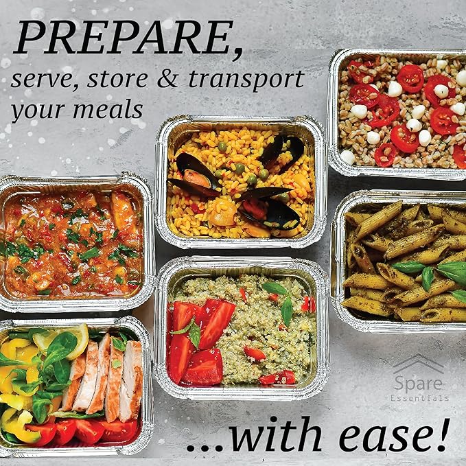 Spare Essentials 110 Pack - Small Aluminum Pans with Plastic Lids 1LB Disposable Baking Foil Containers, Takeout Food Storage, Freezer, for Restaurants & Catering - Size 5.5x4.5x1.9