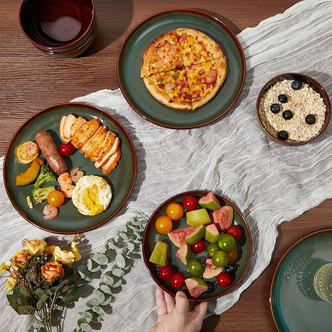 Stoneware Dinner Plates Set of 6, Ceramic Plates With Lipped Edges, Microwave/Dishwasher Safe, Modern Rustic Dinnerware, Kitchen Reactive Glaze Serving Dishes, Brown Green
