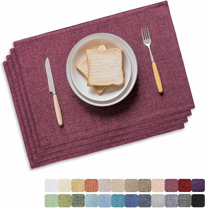 Home Brilliant Red Placemats Set of 4 Cloth Placemat for Holiday Heat Resistant Dining Table Mats Kitchen Washable Place Mats, Wine Red