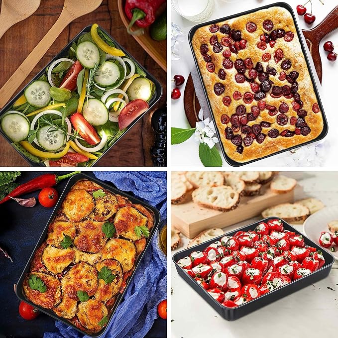 E-far Baking Pan with Lid, 9.4 x 7.3 x 2 Inch Nonstick Rectangle Stainless Steel Cake Pan Sheet for Toaster Oven, Small Black Bakeware for Cakes Brownies Casseroles, Non-toxic & Healthy, Set of 2