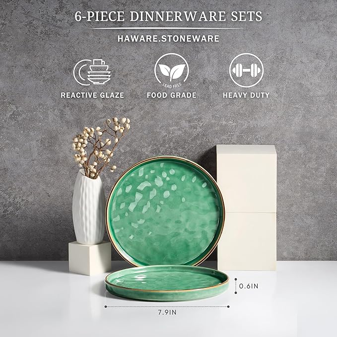 HaWare Stoneware Plates Set of 6, 7.9" Salad Plates, Reactive Glaze Ripple Ceramic Dish Set for Appetizer, Dessert, Scratch Resistant, Small Dinner Plate, Microwave and Dishwasher Safe, Reactive Green