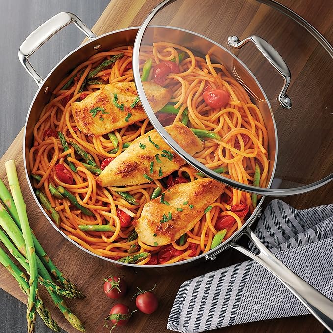 Tramontina Tri-Ply Clad Stainless Steel 6-Quart Saute Pan with Glass Lid, Induction-Ready Cooking Pan, Dishwasher-Safe, NSF-Certified