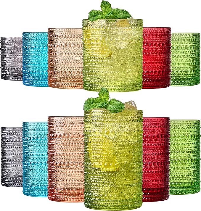 Hobnail Beaded Highball Drinking Tumbler Glasses | Set of 12 | Color, Vintage Bubble Design Whiskey Glassware, Old-Fashioned, Embossed Design for Water, Wine, Cocktail Embossed Heavy Glas, Rocks Glass