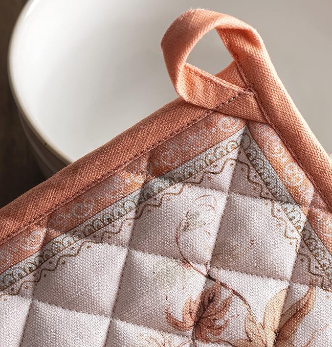 Maison d' Hermine Pot Holders Set 100% Cotton Heat Resistant Potholders 8" x 8" Hot Pads with Loop BBQ, Cooking, Baking, Grilling, Kitchen, Handling Hot Pans (Pack of 2, Giving Thanks)