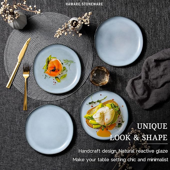 HaWare Stoneware Salad Plates Set of 6, 7.9” Heavy Duty Ceramic Plates, Reactive Glaze Dinnerware for Home Restaurant, Chip and Scratch Resistant, Microwave and Dishwasher Safe, Reactive Foggy Blue