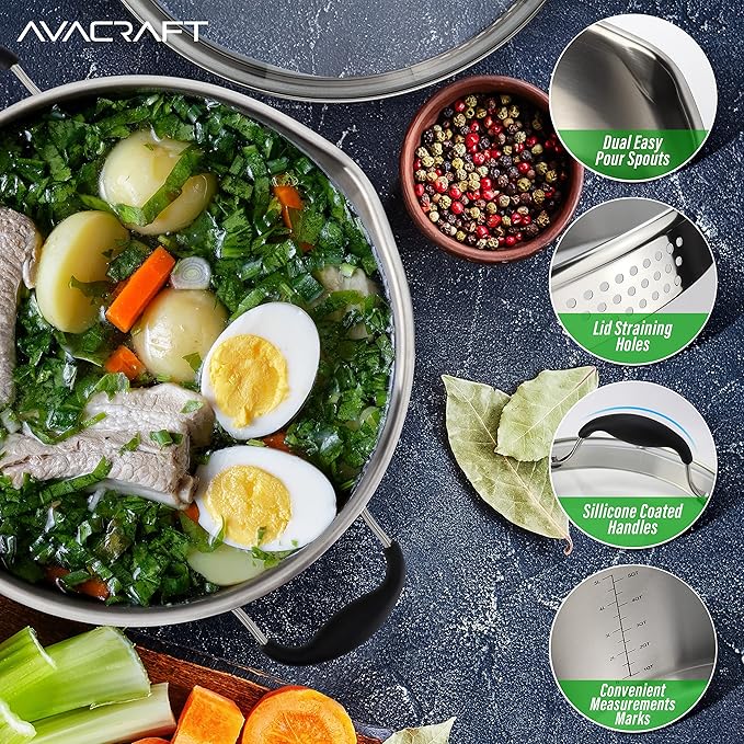 AVACRAFT Tri-Ply Stainless Steel Stockpot with Glass Strainer Lid, Side Spouts, 6 Quart Multipurpose Sauce Pot