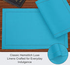 Ruvanti Linen Placemats Set of 6-13x19 Inch, Classic Hemstitch, Heat ‎Resistant Machine Washable Place Mats, Soft & Elegant- Perfect for Christmas, ‎Thanksgiving, Easter, Weddings, Dinner - Blue