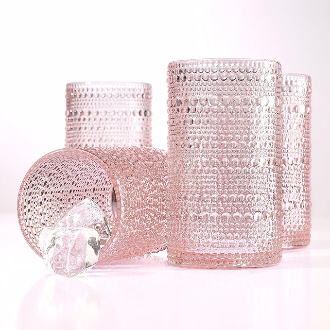 Glaver's Hobnail Drinking Glasses, Pink Vintage Glassware Set, Beaded Drinking Glasses, Set Of 4 15 oz Cocktail Glass Set, Bubble Glasses, For Everyday Usage