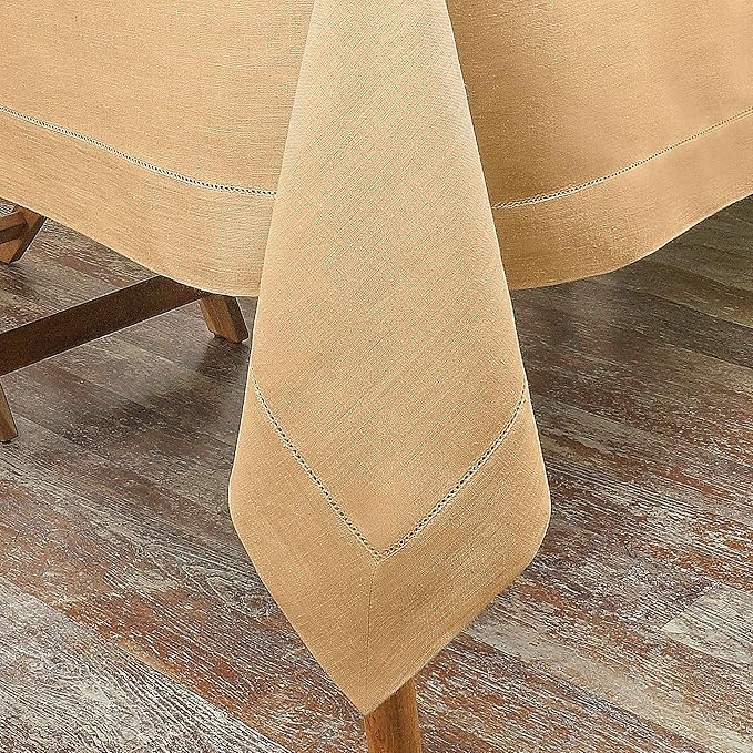 D'Moksha Homes Beige Linen Tablecloth for Rectangle Tables 60 x 140 Inch - Classic Hemstitch 100% Pure Linen Beige Tablecloth - Machine Washable Cloth Table Cloth for Summer, Fall and Halloween