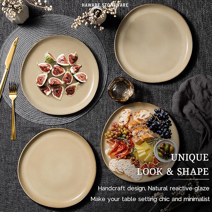 HaWare Stoneware Dinner Plates Set of 6, 10" Heavy Duty Ceramic Plates, Reactive Glaze Dinnerware for Home Restaurant, Chip and Scratch Resistant, Microwave and Dishwasher Safe, Reactive Sandy Khaki