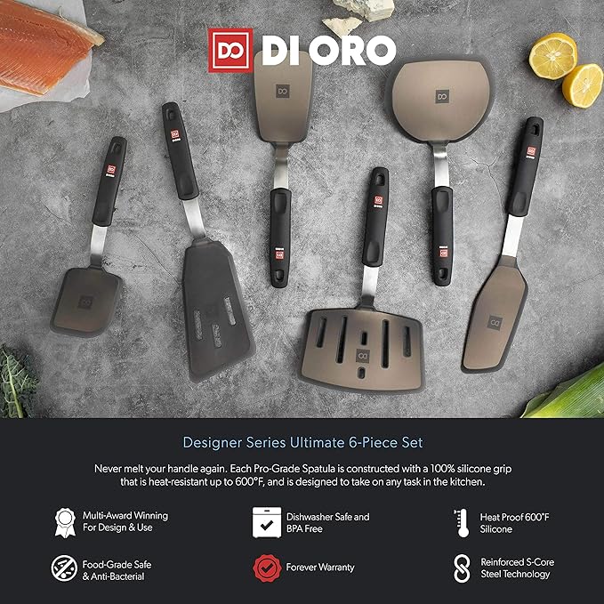 DI ORO Silicone Turner Spatula Set - Forever Warranty - Kitchen Spatulas for Nonstick Cookware - 600°F Heat-Resistant & BPA Free - Flexible & Thin Flippers for Turning Eggs & Pancakes (6 Piece, Black)