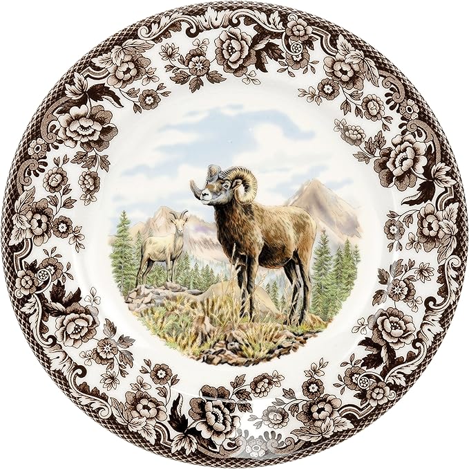 Spode Woodland Bighorn Sheep Salad Plate - 8" Fine Earthenware, British Flowers Border, Rustic Game Animal Design Made in England - Microwave, Oven, Freezer, Dishwasher Safe for Holiday Dining