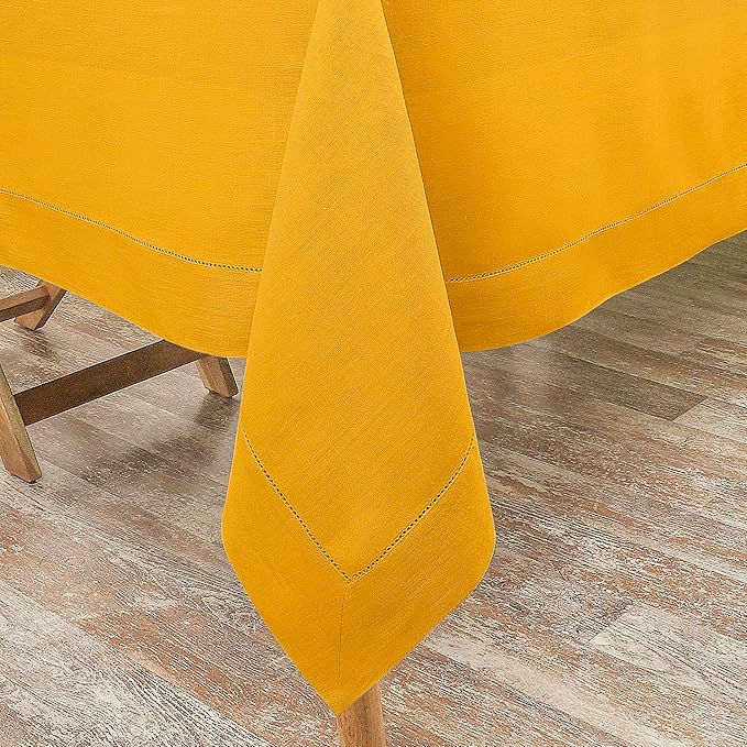 D'Moksha Homes Sunflower Yellow Linen Tablecloth for Rectangle Tables 60 x 102 Inch - Classic Hemstitch 100% Pure Linen Yellow Table Cloth - Machine Washable Dining Tablecloth for Fall, Halloween