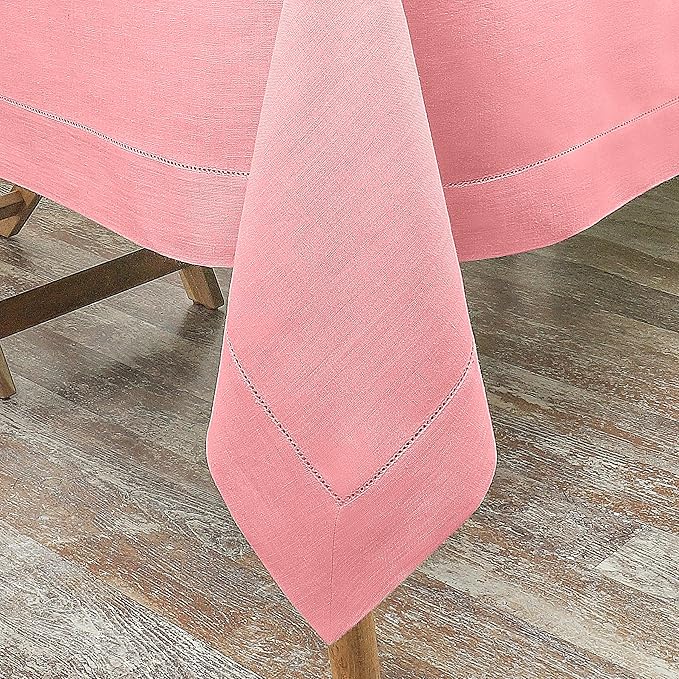 D'Moksha Homes Dusty Pink Linen Tablecloth for Rectangle Tables 60 x 126 Inch - Classic Hemstitch 100% Pure Linen Pink Tablecloth - Machine Washable Cloth Table Cloth for Summer, Fall and Halloween
