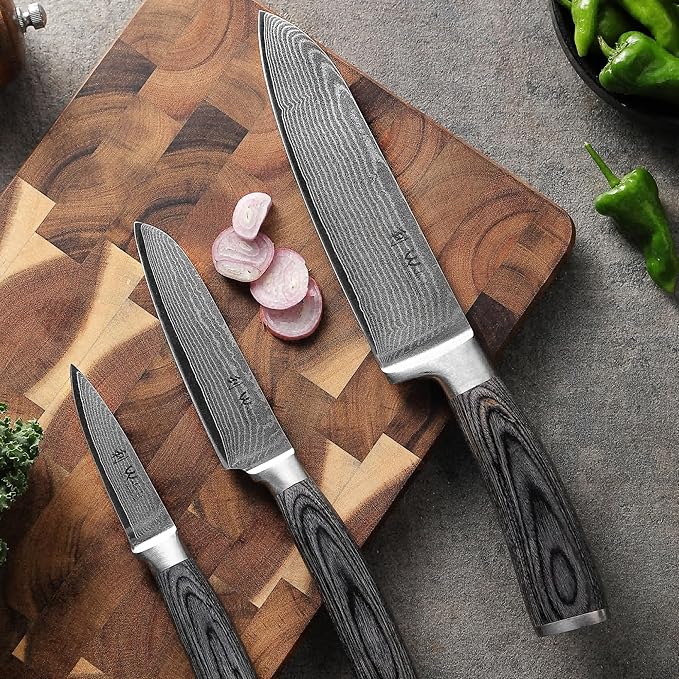 Wakoli EDIS Damascus 3-Piece Knife Set – Japanese Style Kitchen Knives | Genuine Damascus Steel Blades with VG10 Core | Ergonomic Pakkawood Handles | Professional Chef Knife Set in Wooden Gift Box