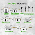 NutriChef 16-Piece Premium Stainless Steel Cookware Set – Tri-Ply Construction, Induction Compatible, Stylish Design with Golden Handles, Includes Pots, Ceramic Coated Fry Pans, and Utensils