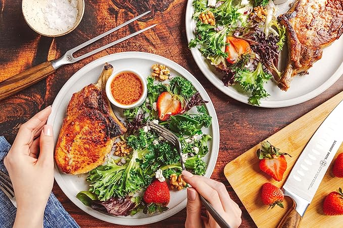 Zebra Wood 6-Piece BBQ Knife Set - Fully Forged Stainless Steel Grilling Utensils Including Brisket, Butcher, Chef's, Boning Knives, Carving Fork, Knife Carrying Roll