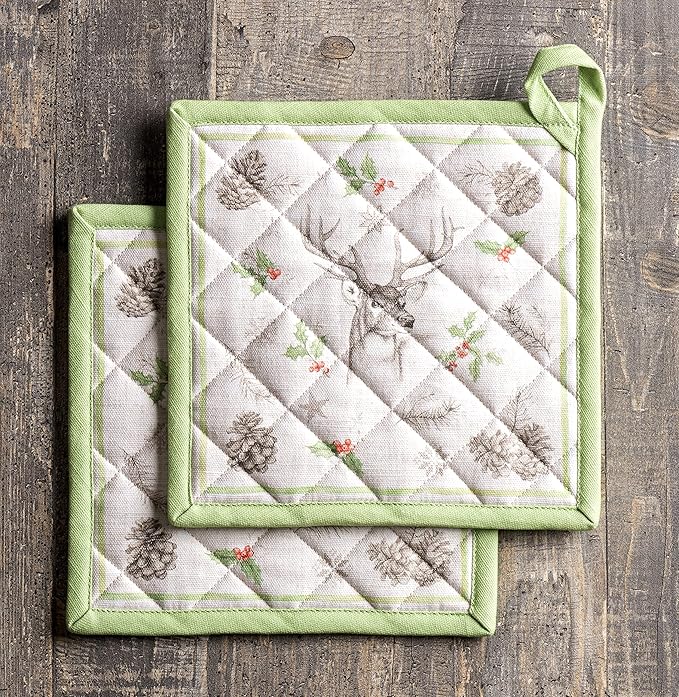 Maison d' Hermine Pot Holders Set 100% Cotton Heat Resistant Potholders 8" x 8" Hot Pads with Loop BBQ, Cooking, Baking, Grilling, Kitchen, Handling Hot Pans (Pack of 2, Christmas Dew)