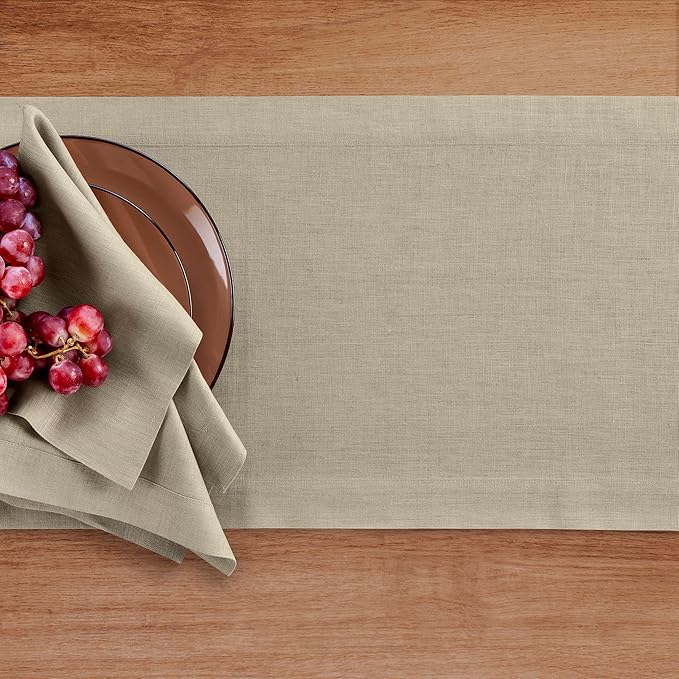 Solino Home Linen Table Runner 48 Inches - 100% Pure Linen Vintage Khaki Table Runner 14 x 48 Inch Ideal for Dresser and Coffee Tables - Summer, Fall, Autumn - Fete
