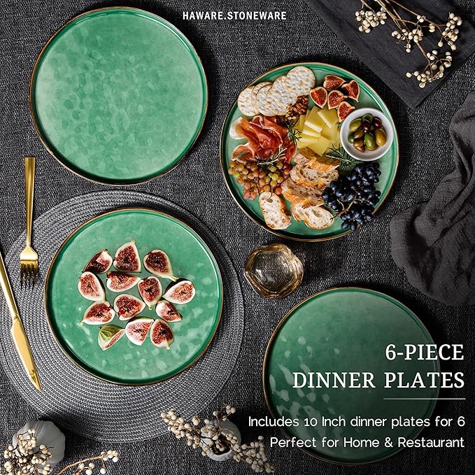 HaWare Stoneware Dinner Plates Set of 6, 10" Heavy Duty Ceramic Plate, Reactive Glaze Ripple Dinnerware for Home Restaurant, Chip and Scratch Resistant, Microwave and Dishwasher Safe, Reactive Green